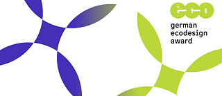 A graphic design featuring overlapping circular segments in shades of blue and green. In the top right corner, a green logo resembles the word eco. Beneath the logo, the text reads german ecodesign award.