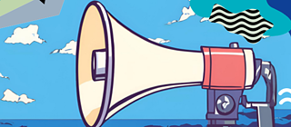 A large megaphone is mounted on a stand, directed toward the ocean. In the background, waves crash against the shore under a blue sky with scattered white clouds. Abstract shapes and patterns overlay the upper part of the image.