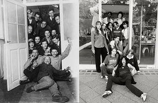 (links) © Carl Schlemmer (Foto): Lehrende und Studierende des Bauhaus Weimar und Gäste bei einem Fest, um 1922, [Neuabzug], Bauhaus-Archiv Berlin; (rechts) Das Young Bauhaus Team 2024, © Erika Babatz