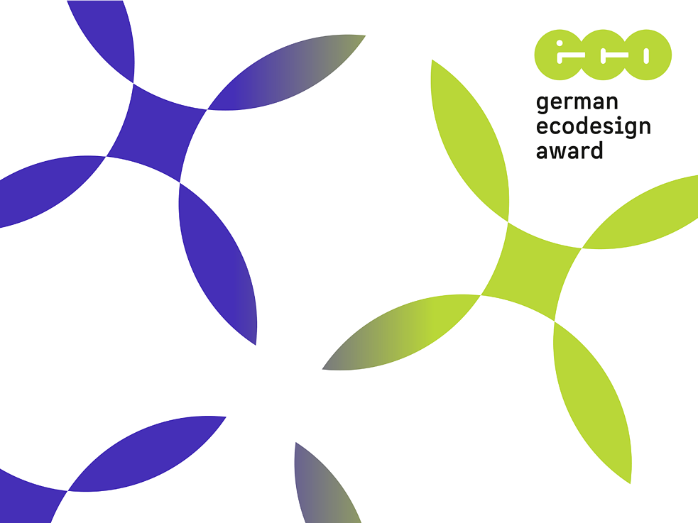 A graphic design featuring overlapping circular segments in shades of blue and green. In the top right corner, a green logo resembles the word eco. Beneath the logo, the text reads german ecodesign award.