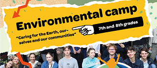 Promotional poster for an environmental camp In the background a group of students is sitting together