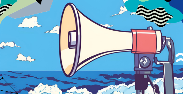 A large megaphone is mounted on a stand, directed toward the ocean. In the background, waves crash against the shore under a blue sky with scattered white clouds. Abstract shapes and patterns overlay the upper part of the image.