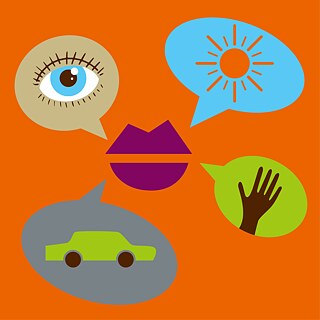 Web-gráfico – ilustração do exercício de alemão “Vokabel2”. A ilustração mostra uma boca, que está rodeada por quatro balões de fala. Nos balões de fala estão representados uma mão, um carro, um olho e um sol.