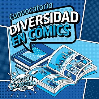 Ilustración en estilo cómic con fondo azul que destaca las palabras “diversidad”, “género” y “cómic”, promoviendo la inclusión y la equidad de género en el arte gráfico.
