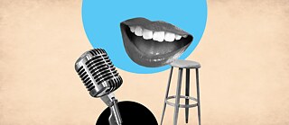Eine Collage mit einem Mikrofon, einem Mund, und einem Stuhl