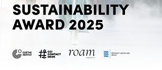 Promotional banner for the Sustainability Award 2025, featuring bold black text at the top and logos of the Goethe-Institut, CCI Contact Desk, roam projects eV, and the Embassy of Estonia in Berlin. The background shows a misty scene with blurred figures walking.