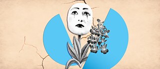 Collage con una máscara de teatro tragedia y flores que salen de una grieta.