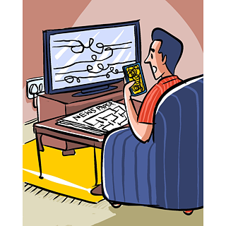 A man watching news on the Television, mobile phone and reading news