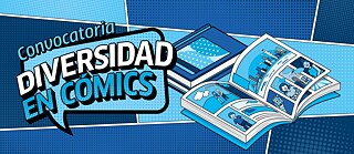 Comic-Illustration mit blauem Hintergrund, die die Begriffe „Vielfalt“, „Genre“ und „Comic“ hervorhebt und sich für Inklusion und Geschlechtergleichheit in der grafischen Kunst einsetzt