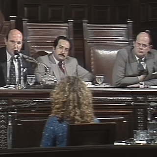 Drei Männer sitzen hinter einem großen Holztisch in einem Gerichtssaal. Ihre Gesichter sind unkenntlich gemacht. Vor ihnen sitzt eine Frau mit lockigem Haar und spricht in ein Mikrofon.