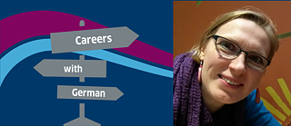 A horizontally split image: On the left, a dark blue background with two curved lines in magenta and light blue. A signpost with three arrows pointing to the right is labeled “Careers”, “with”, “German”. On the right, a portrait photo of Claire Storey wearing a purple scarf and a blue top, set against an orange background with green and yellow patterns.