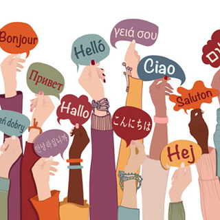 Eine Zeichnung mit vielen bunten Armen, die Schilder mit 'Hallo' in vielen verschiedenen Sprachen hochhalten.