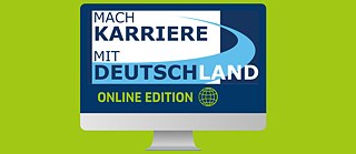 Illustration von einem Computerbildschirm auf grünem Hintergrund, auf dem Bildschirm steht Mach Karriere mit Deutschland Online-Edition.