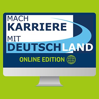 Illustration von einem Computerbildschirm auf grünem Hintergrund, auf dem Bildschirm steht Mach Karriere mit Deutschland Online-Edition.