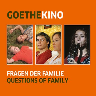 Μπάνερ με τρεις φωτογραφίες από ταινίες σε πορτοκαλί φόντο και τον τίτλο GOETHEKINO - FRAGEN DER FAMILIE