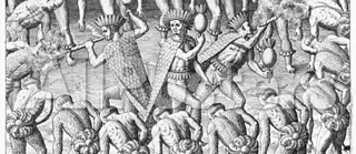 Tupinambás observado por Hans Staden durante su viaje por Brasil (1552). De: “Historia del Nuevo Mundo y de América”, de Johann Ludwig Gottfried, publicado por Mattaeus Merian, Fráncfort, 1631. Grabado por Theodore de Bry (1528-1598)