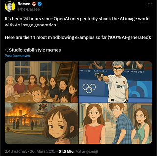 Screenshot eines Tweets von @heyBarsee mit vier KI-generierten Bildern im Stil von Studio Ghibli. Der Tweettext lautet: ‚Es sind 24 Stunden vergangen, seit OpenAI die Welt der KI-Bildgenerierung mit 4o unerwartet erschüttert hat. Hier sind die 14 bisher unglaublichsten Beispiele (100 % KI-generiert): 1. Studio-Ghibli-Stil-Memes.‘ Die Bilder zeigen prominente Memes im Studio-Ghibli-Stil.