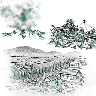 2011년 일본에서 발생한 쓰나미 재해의 그림.