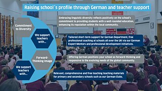 Commitment to Diversity: Embracing linguistic diversity reflects positively on the school's commitment to providing students with a well-rounded education, enhancing its reputation within the local community.  We support teachers with... Tailored short-term support for German Department, free professional coaching at schools all over the UK via our German Expert Mentors and professional development initiatives.  Forward-Thinking Image: Offering German positions your school as forward-thinking and responsive to the evolving needs of the global community.  We support teachers with... Relevant, comprehensive and free teaching teaching materials for primary and secondary schools such as our German Clubs.