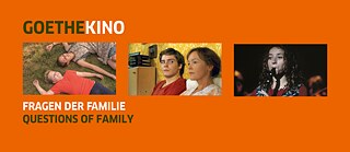 Μπάνερ με τρεις φωτογραφίες από ταινίες σε πορτοκαλί φόντο και τον τίτλο GOETHEKINO - FRAGEN DER FAMILIE