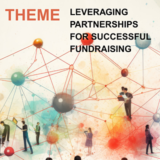 Blauer Hintergrund mit weißem Text: „Nutzung von Partnerschaften für erfolgreiches Fundraising.“ Logos von CCA Recruitment, British Council und Goethe-Institut. Zwei Hände bilden rechts einen Kreis.