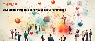 Blauer Hintergrund mit weißem Text: „Nutzung von Partnerschaften für erfolgreiches Fundraising.“ Logos von CCA Recruitment, British Council und Goethe-Institut. Zwei Hände bilden rechts einen Kreis.