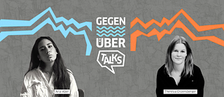 Ein Bild von zwei Frauen auf einem grauen Hintergrund mit der Aufschrift GEGENÜBER TALKS und zwei blitzartigen Grafiken in blau und orange
