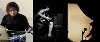 The image shows three scenes of musicians at work: On the left, a musician with curly hair operates an electronic device and a guitar. In the center, a seated musician plays the guitar while leaning forward. On the right, a person stands in a dark room in front of an illuminated wall, possibly working at a mixing console.
