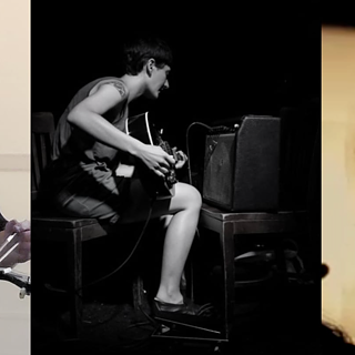 The image shows three scenes of musicians at work: On the left, a musician with curly hair operates an electronic device and a guitar. In the center, a seated musician plays the guitar while leaning forward. On the right, a person stands in a dark room in front of an illuminated wall, possibly working at a mixing console.