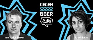 Ein Bild von zwei Personen auf einem grauen Hintergrund mit der Aufschrift GEGENÜBER TALKS und zwei blitzartigen Grafiken in blau und orange