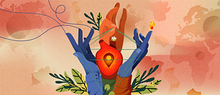 Three hands holding strings. A heart is in the center. The world map is in the background.