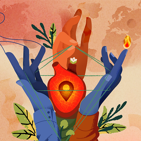 Three hands holding strings. A heart is in the center. The world map is in the background.