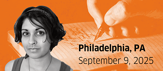 Portrait von Sonali Beher auf orangenem Hintergrund mit einer Hand, die einen Stift hält