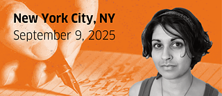 Portrait von Sonali Beher auf orangenem Hintergrund mit einer Hand, die einen Stift hält