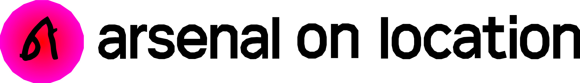 شعار Arsenal on Location بخلفية وردية دائرية تحتوي على شكل أيقوني باللون الأسود، وإلى يمينها مكتوب الاسم بالإنجليزية بخط أسود واضح.