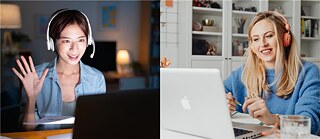 two people wearing headphones in front of their laptops