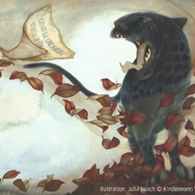 Drawing of a black panther standing amid swirling leaves. The panther has its mouth open, revealing its teeth. Next to the panther, a piece of paper is swirling through the air.