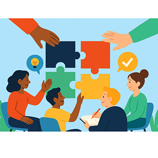 Colorful drawing of four people sitting at a table with four puzzle pieces above them.