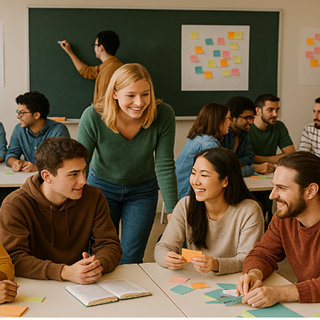 Mehrere Studierende sitzen in kleinen Gruppen in einem Klassenraum, tauschen sich aus und schreiben auf bunte Haftnotizen.