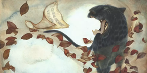 Drawing of a black panther standing amid swirling leaves. The panther has its mouth open, revealing its teeth. Next to the panther, a piece of paper is swirling through the air.