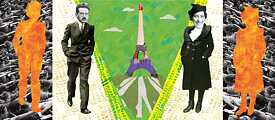 Auf der Illustration ist Hannah Arendt und Walter Benjamin, beide in jungen Jahren zu sehen, im Hintergrund ist der Eiffelturm zu erkennen.  