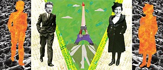 The illustration shows Hannah Arendt and Walter Benjamin, both in their younger years, with the Eiffel Tower visible in the background.  