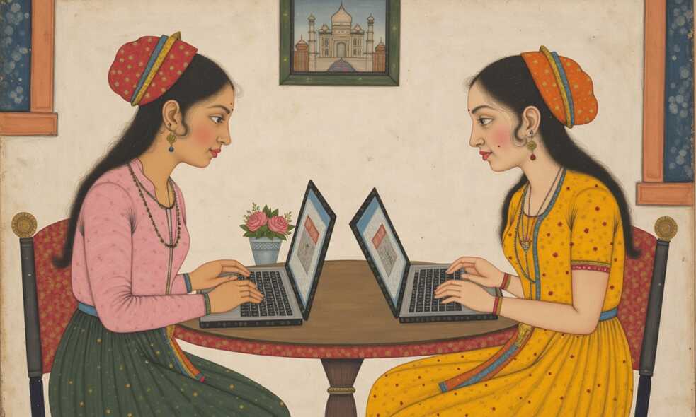 Two women from the Mughal era are working on their laptops