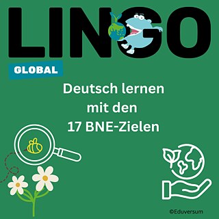 Lingo Global Cover mit Titel der Veranstaltung, Nachhaltigkeitssymbolbildern und Lingo Heften 
