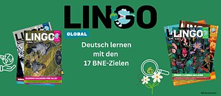 Lingo Global Cover mit Titel der Veranstaltung, Nachhaltigkeitssymbolbildern und Lingo Heften 