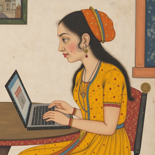 Two women from the Mughal era are working on their laptops