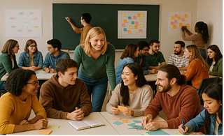 Mehrere Studierende sitzen in kleinen Gruppen in einem Klassenraum, tauschen sich aus und schreiben auf bunte Haftnotizen.