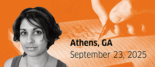 Portrait von Sonali Beher auf orangenem Hintergrund mit einer Hand, die einen Stift hält