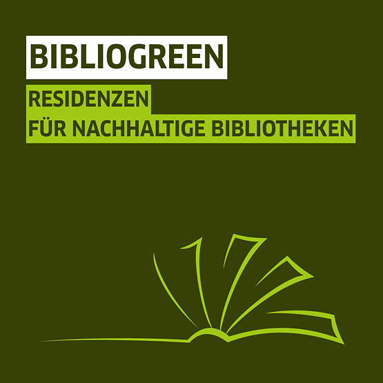 Oto tłumaczenie na język polski:  **Logo na ciemnozielonym tle z napisem „BIBLIOGREEN” w kolorze białym umieszczonym na zielonym prostokącie. Poniżej znajduje się napis „REZYDENCJE DLA ZRÓWNOWAŻONYCH BIBLIOTEK” w zielonym kolorze na jasnozielonym prostokącie. W prawym dolnym rogu widnieje stylizowany zielony rysunek otwartej książki.