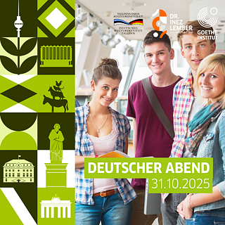 Links das grüne Design des Dr. Inez Lember-Stipendiums, rechts fünf junge Menschen, die gemeinsam in einer Bibliothek beisammen stehen und lächeln. Oben rechts die Logos vom Deutschen Kulturinstitut Tallinn, dem Dr. Inez Lember-Stipendium und des Goethe-Instituts. Unten rechts die Schrift „Deutscher Abend“ mit dem Datum 31.10.2025 